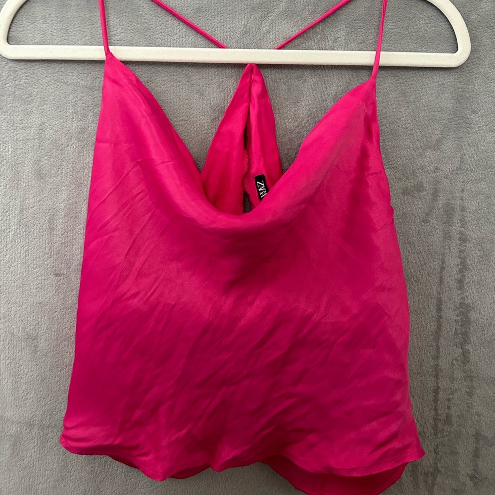 Bright Pink Silky Zara Top, Open Back, Slightly Cropped